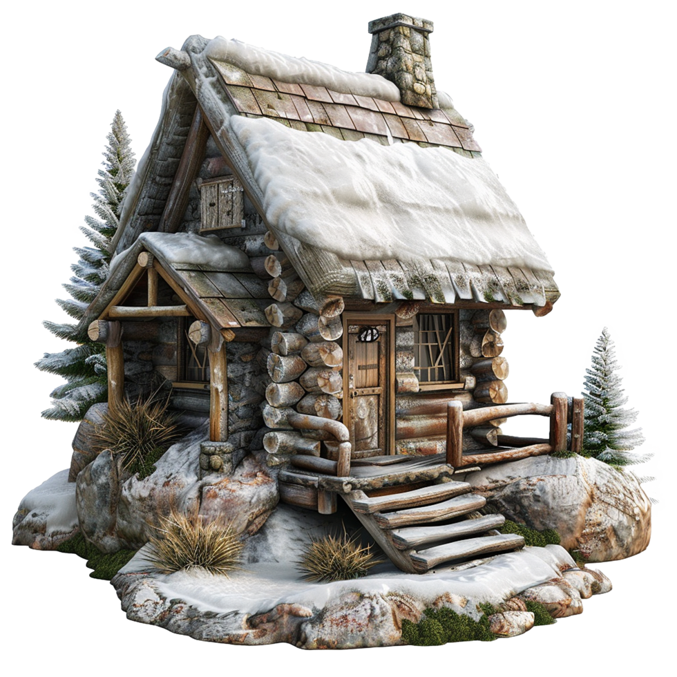 A charming snow covered log cabin nestled in the winter wonderland amongst rocks and evergreens png