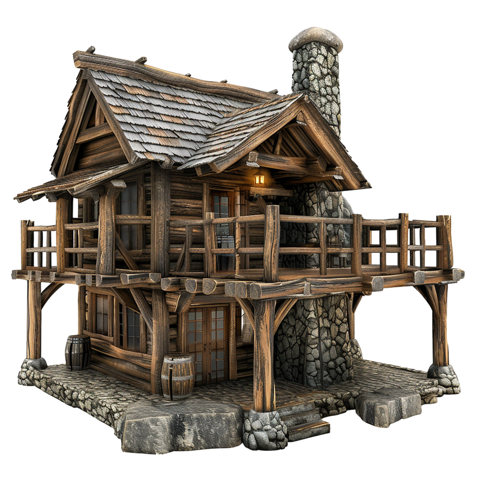 A charming rustic wooden cabin with a stone chimney and balcony png