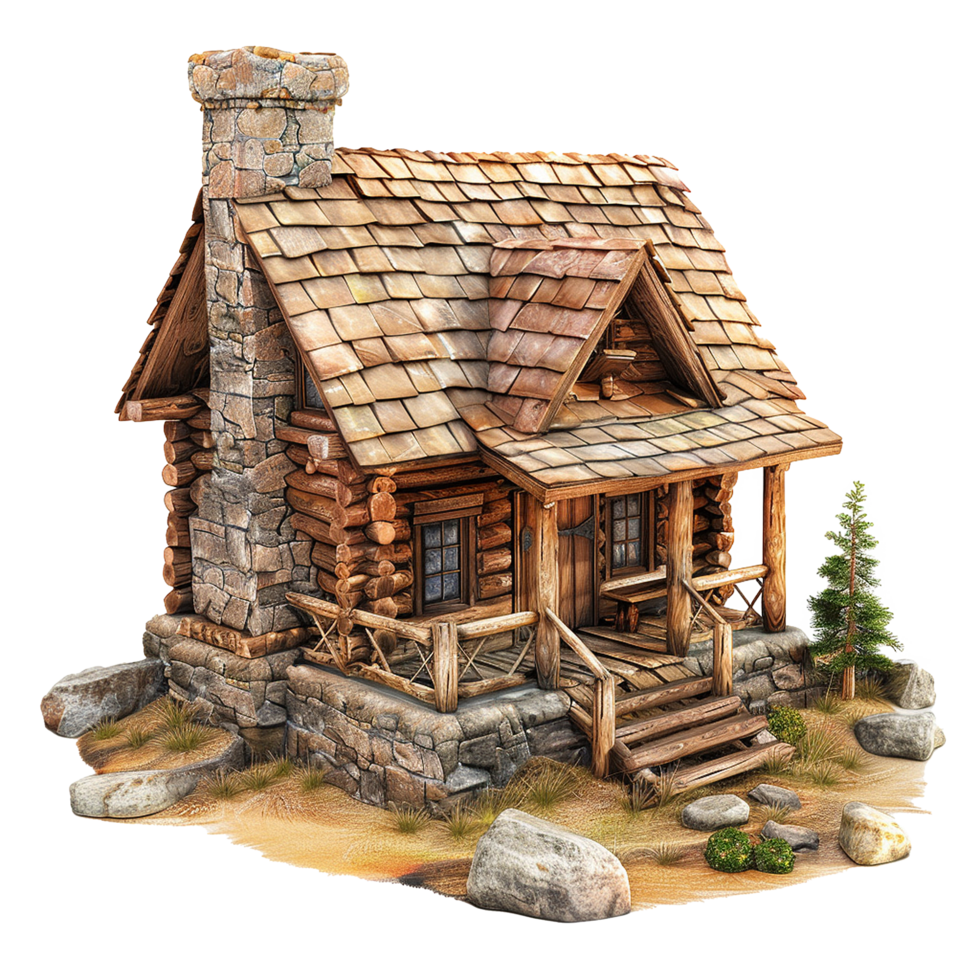 Charming Rustic Log Cabin with Stone Chimney and Porch png