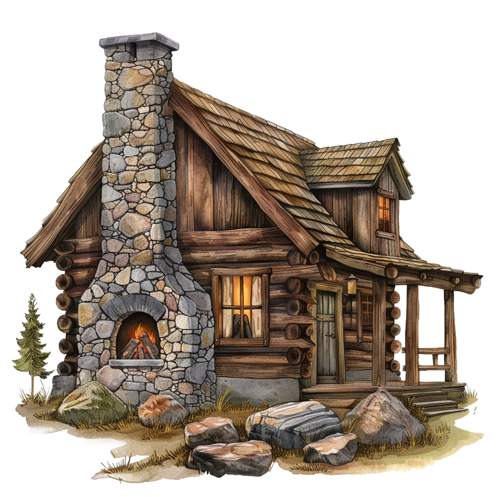Cozy Watercolor Painting of a Rustic Log Cabin with Stone Fireplace and Porch png