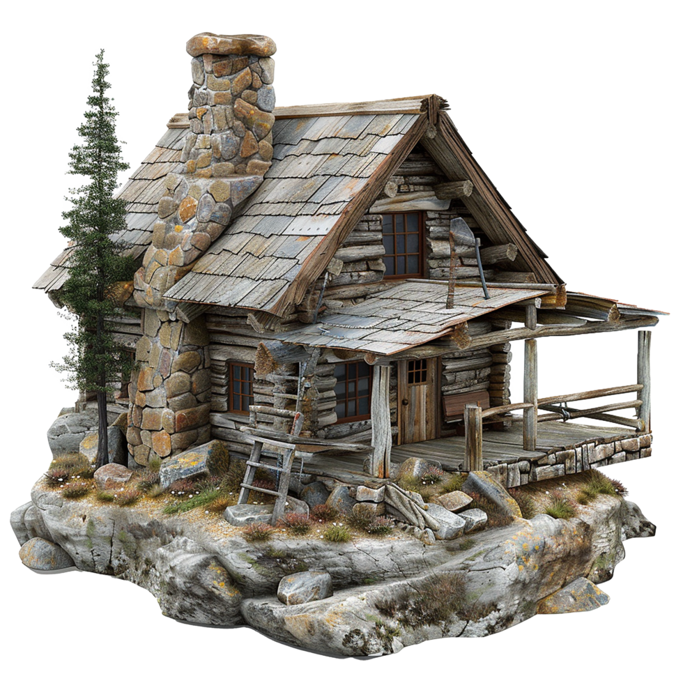 Rustic Mountain Log Cabin on Rocky Outcrop with Stone Chimney and Porch png
