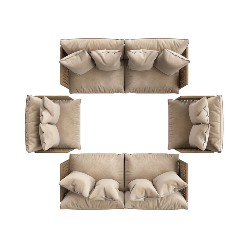 Beige Sofa Set with Wooden Frame and Pillows Top View png