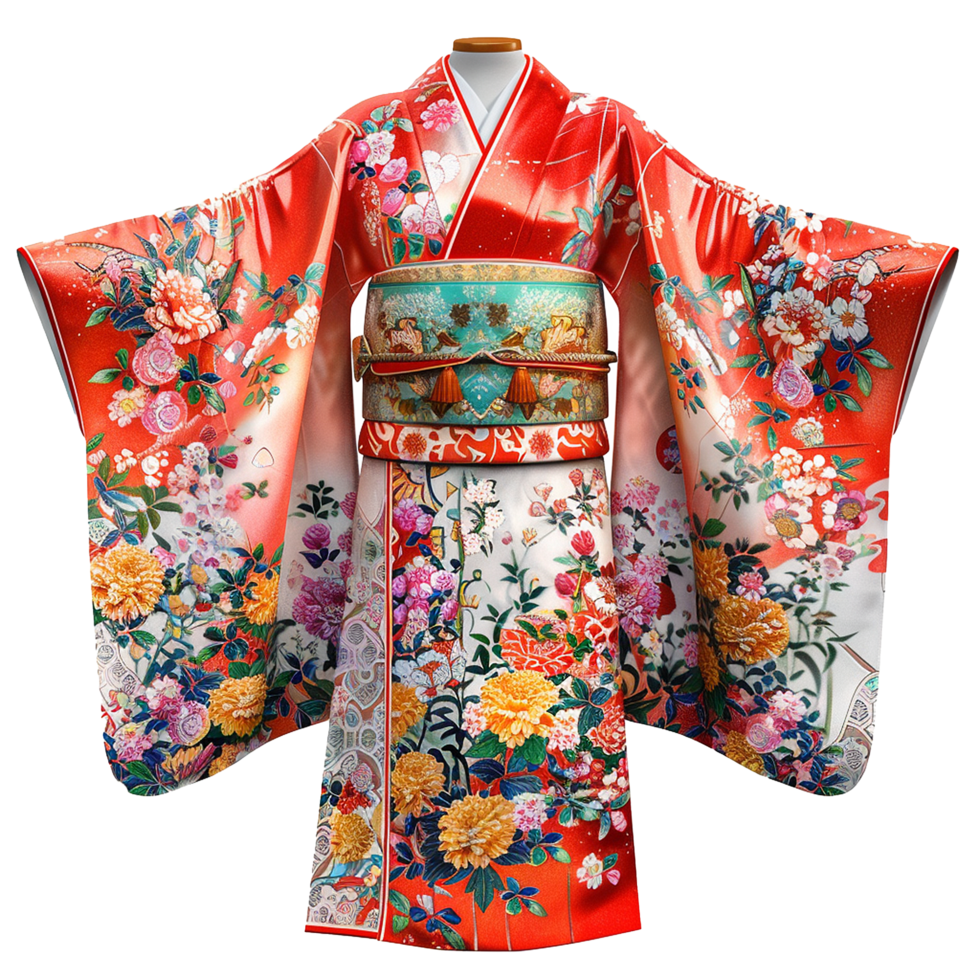 Stunning Red and White Floral Japanese Kimono with Intricate Obi png