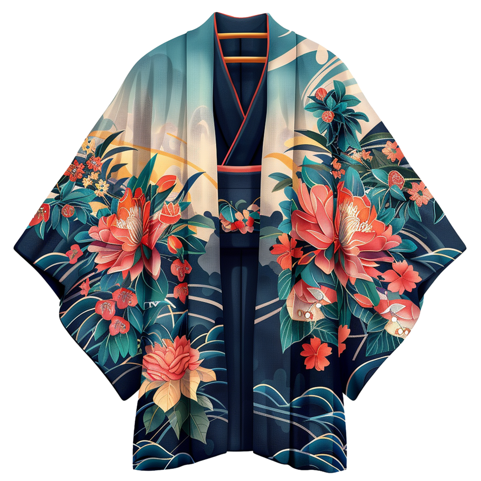 Elegant JapaneseStyle Floral Kimono Haori Jacket with Wave Pattern png