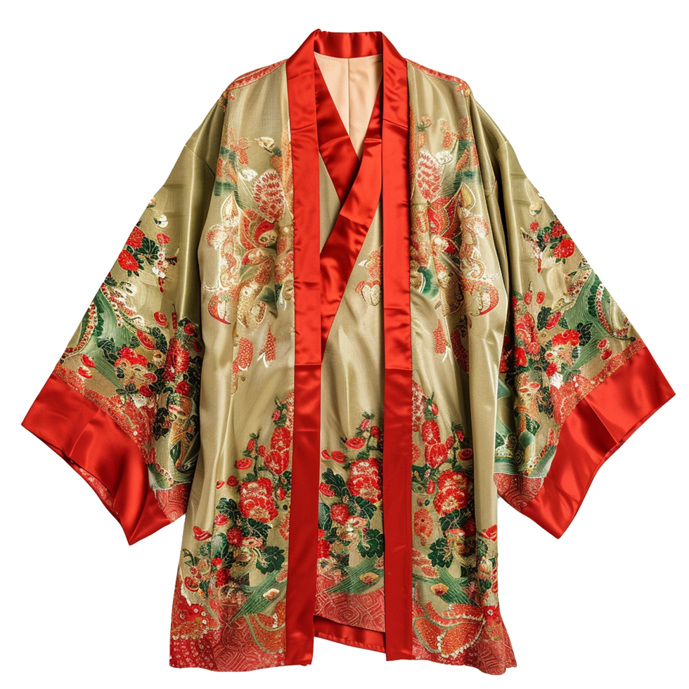 Elegant Olive Green and Red Floral Kimono Robe with Satin Accents png