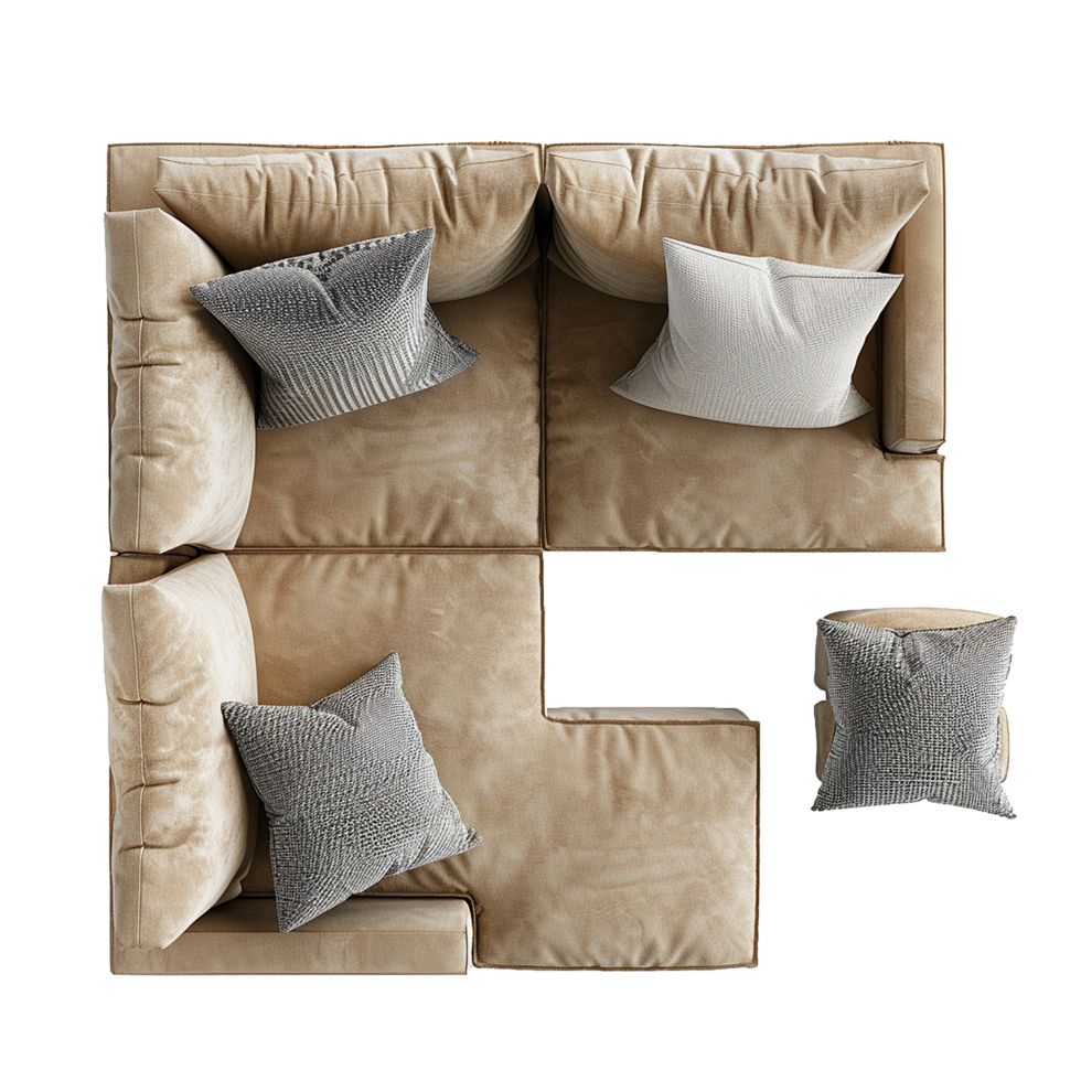Beige Sectional Sofa with Grey and White Throw Pillows Top View png
