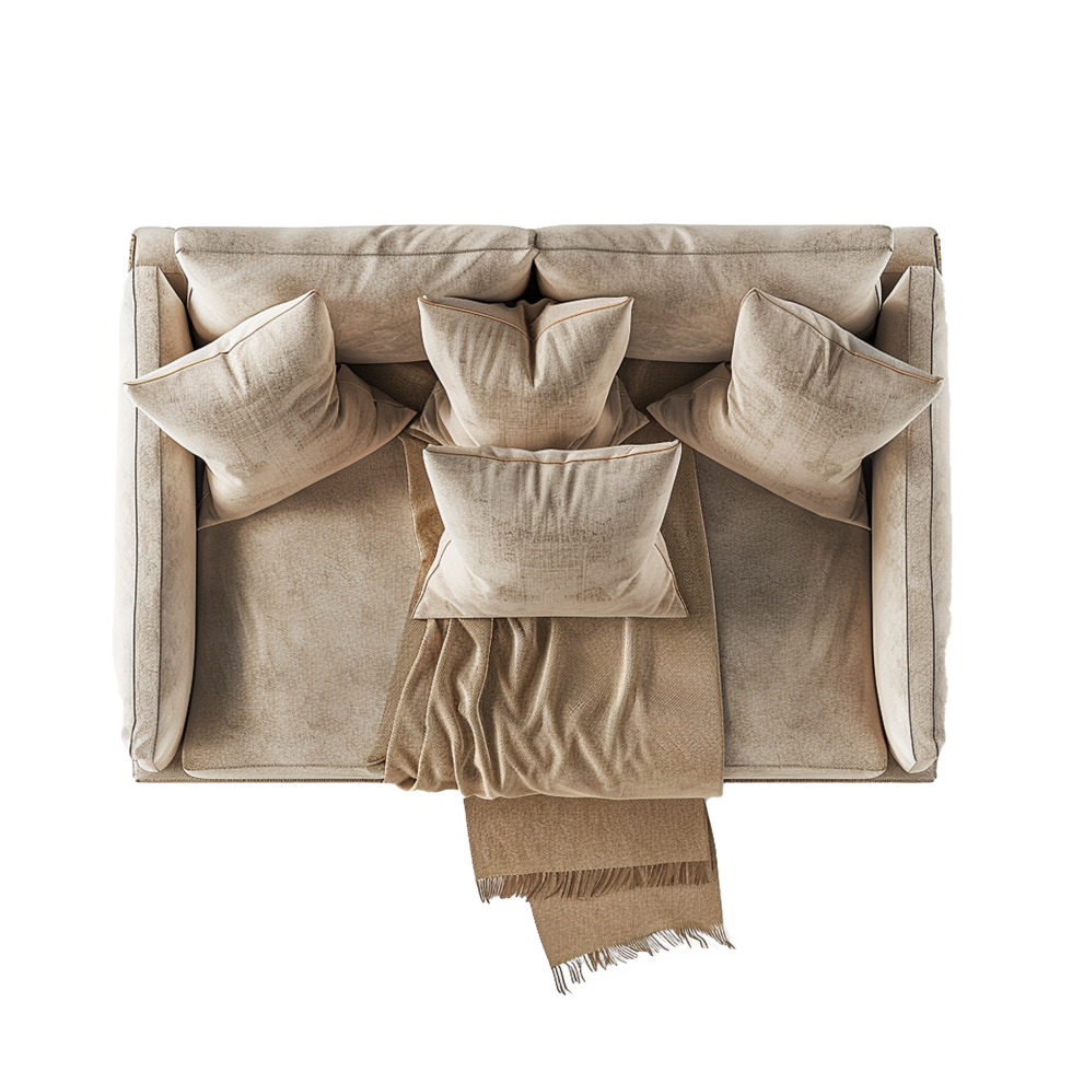 Top View of Beige Sofa with Throw Blanket and Pillows Home Decor Interior Design png