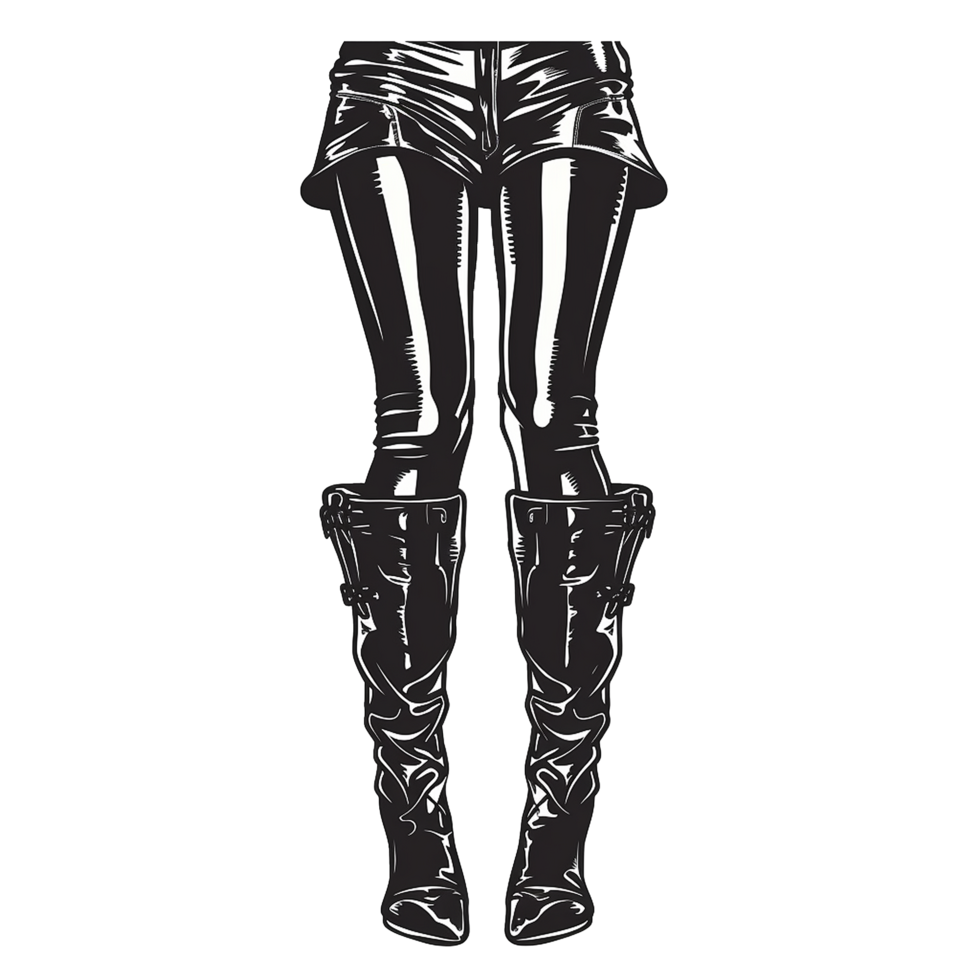A striking monochrome illustration of a woman's legs clad in shiny leather shorts and tall boots png