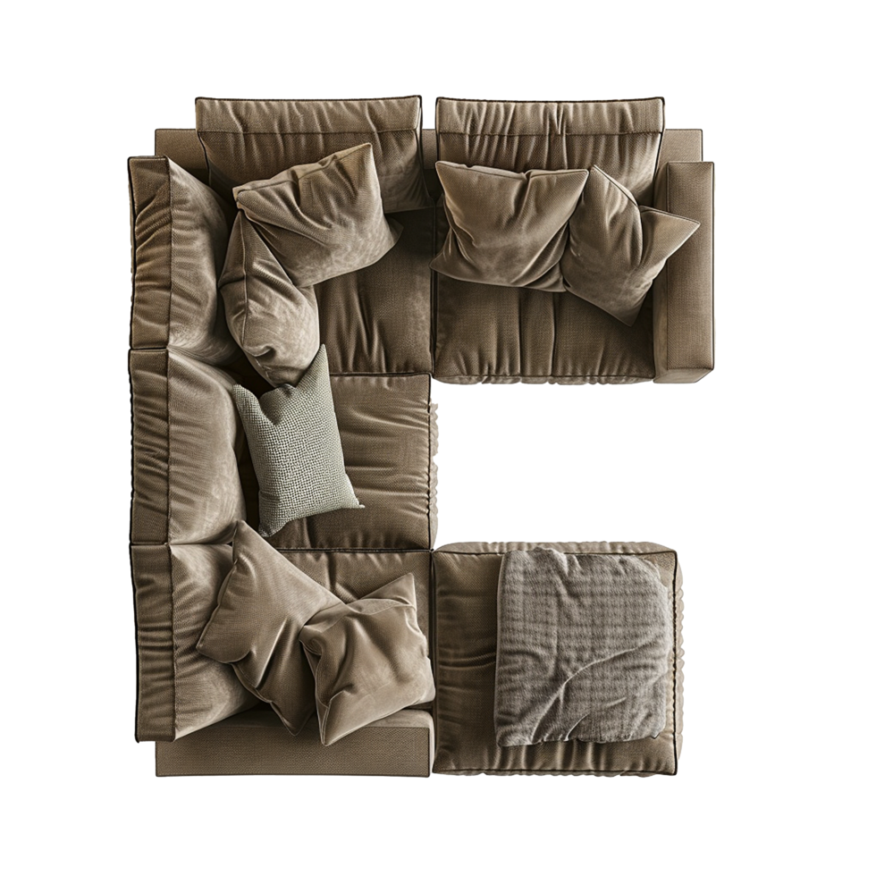 Top View of Modern Sectional Sofa with Plush Cushions and Throw Blanket png