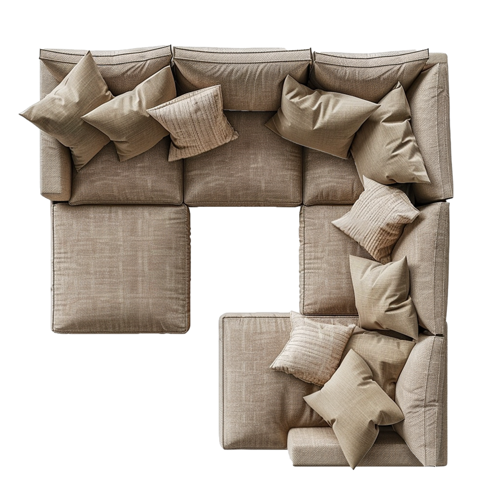 Beige Sectional Sofa with Multiple Pillows Top View png