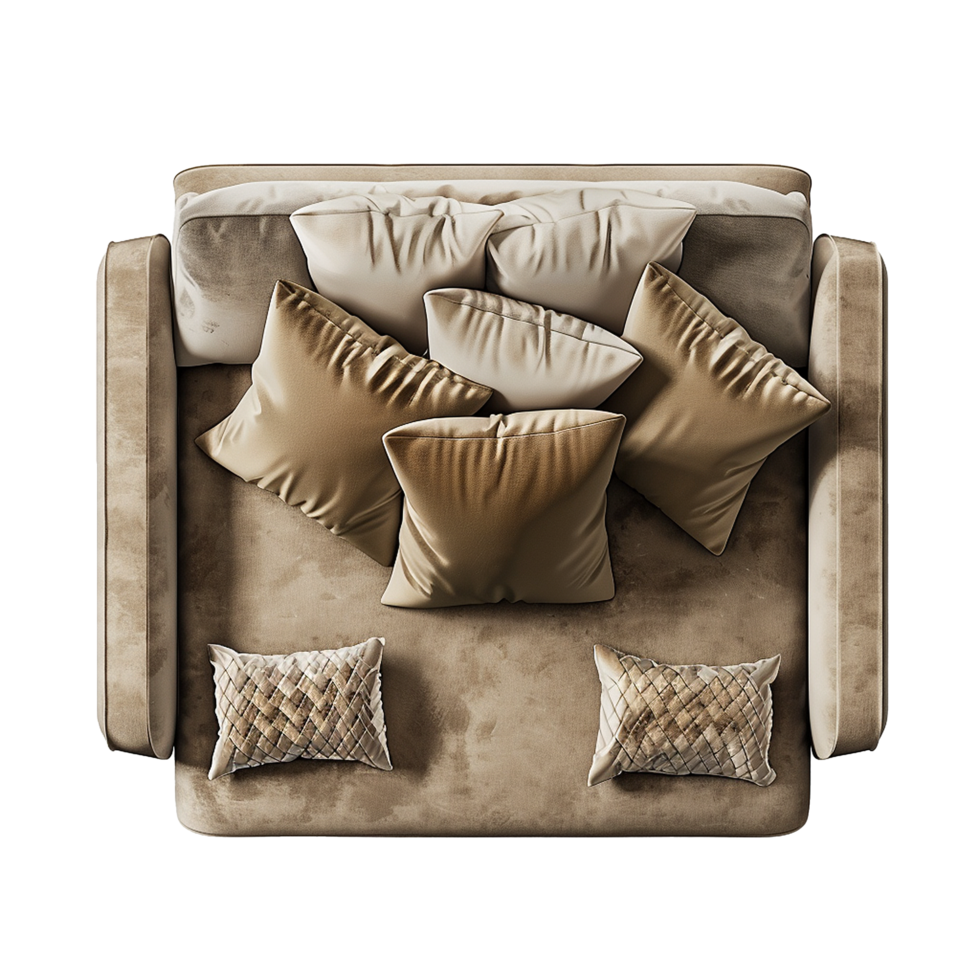 Top View of a Luxurious Brown Velvet Sofa with Multiple Pillows png