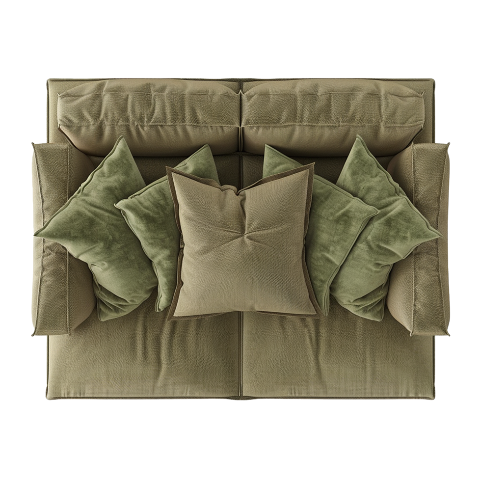 Top View of a Luxurious Olive Green Sofa with Multiple Pillows png