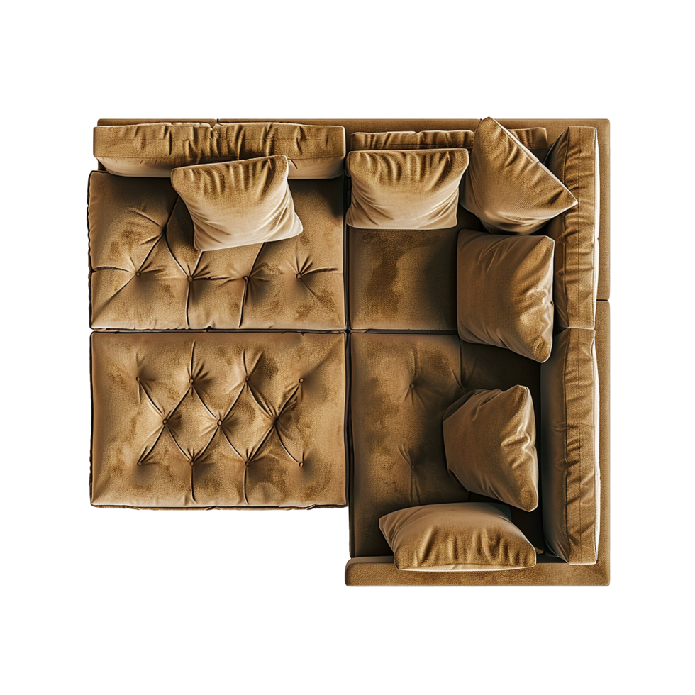 Top View of a Brown Velvet LShaped Sectional Sofa with Multiple Pillows png