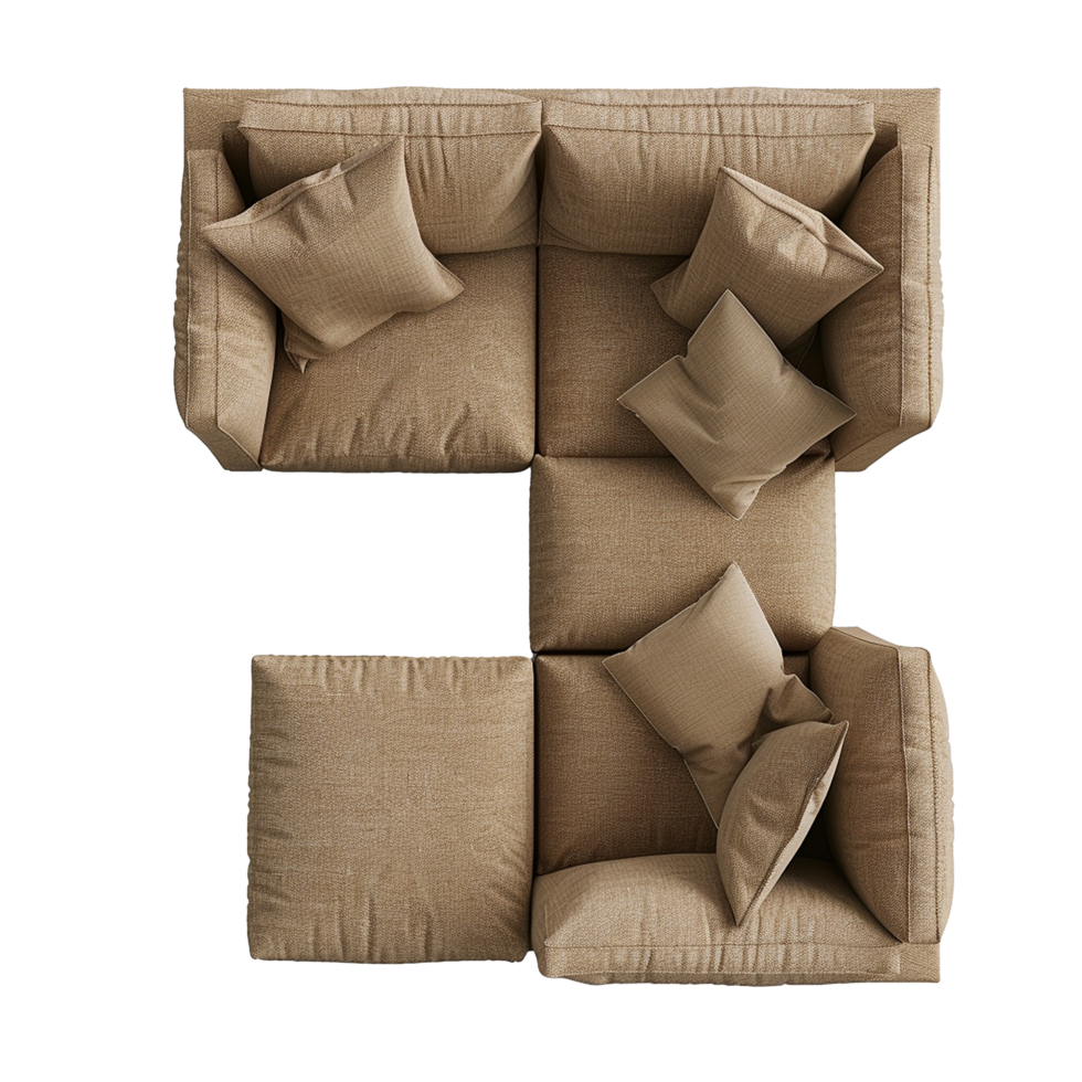 Top View of a Modern Sectional Sofa with Multiple Brown Throw Pillows png