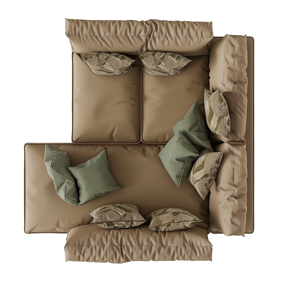 Top View of a Modern LShaped Sectional Sofa with Multiple Pillows in Taupe and Green png