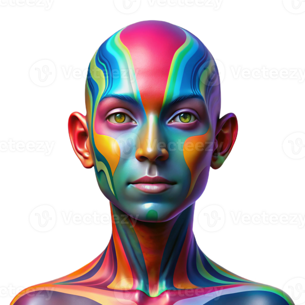 dramatic traditional Portrait of a person with colorful, abstract face paint, illuminated by a rainbow of light, psychedelic style authentic png