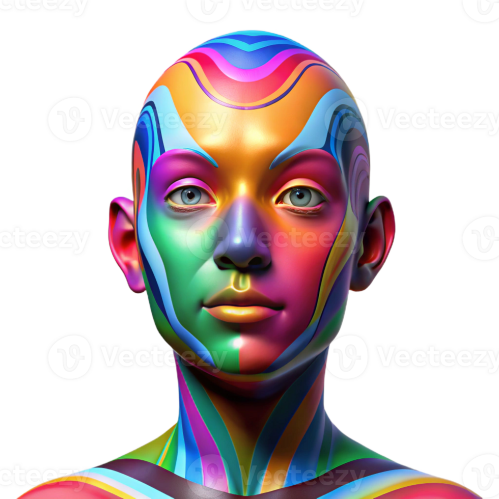 elegant abstract Portrait of a person with colorful, abstract face paint, illuminated by a rainbow of light, psychedelic style professional png