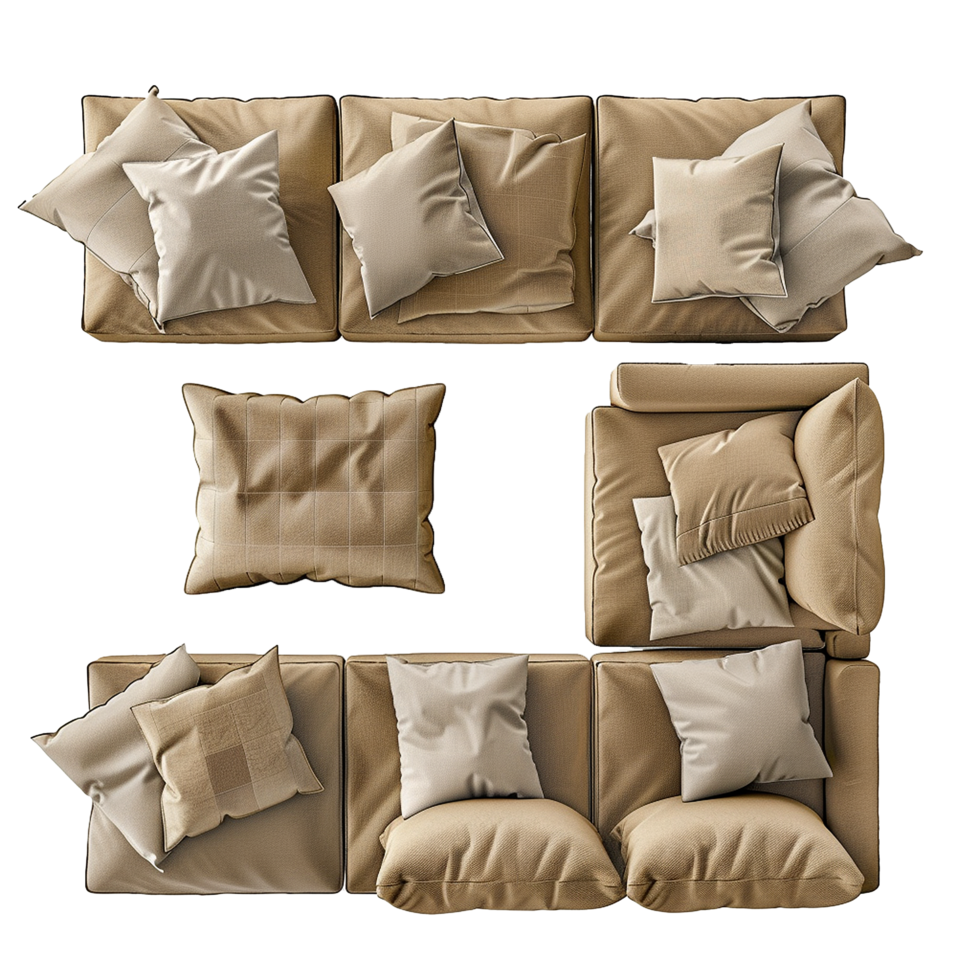 Top View of Beige Modular Sofa with Multiple Pillows and Cushions png