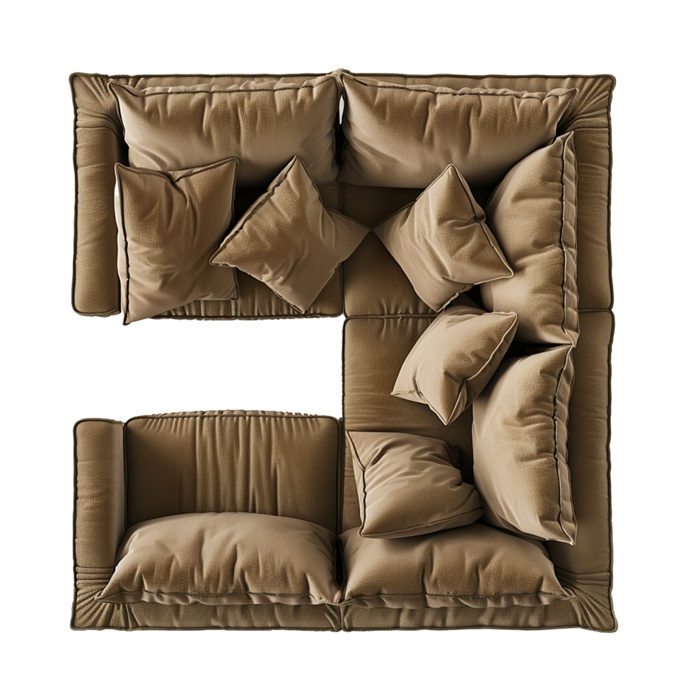 Top View of a Modular Brown Velvet Sofa with Multiple Pillows and Cushions png
