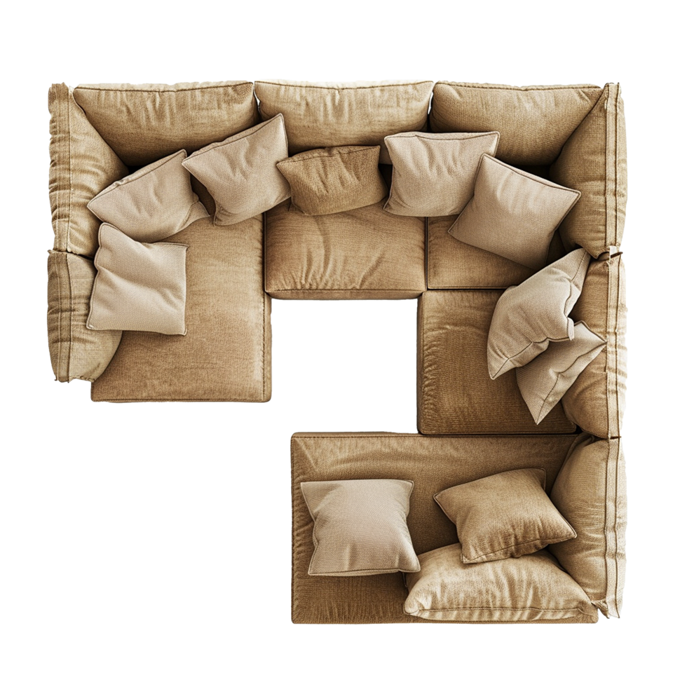 Beige Sectional Sofa with Numerous Pillows Top View png