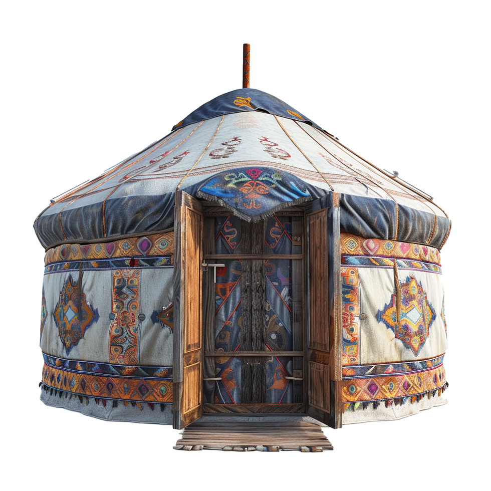 Ornate Traditional Nomadic Yurt Tent with Intricate Designs and Wooden Door png