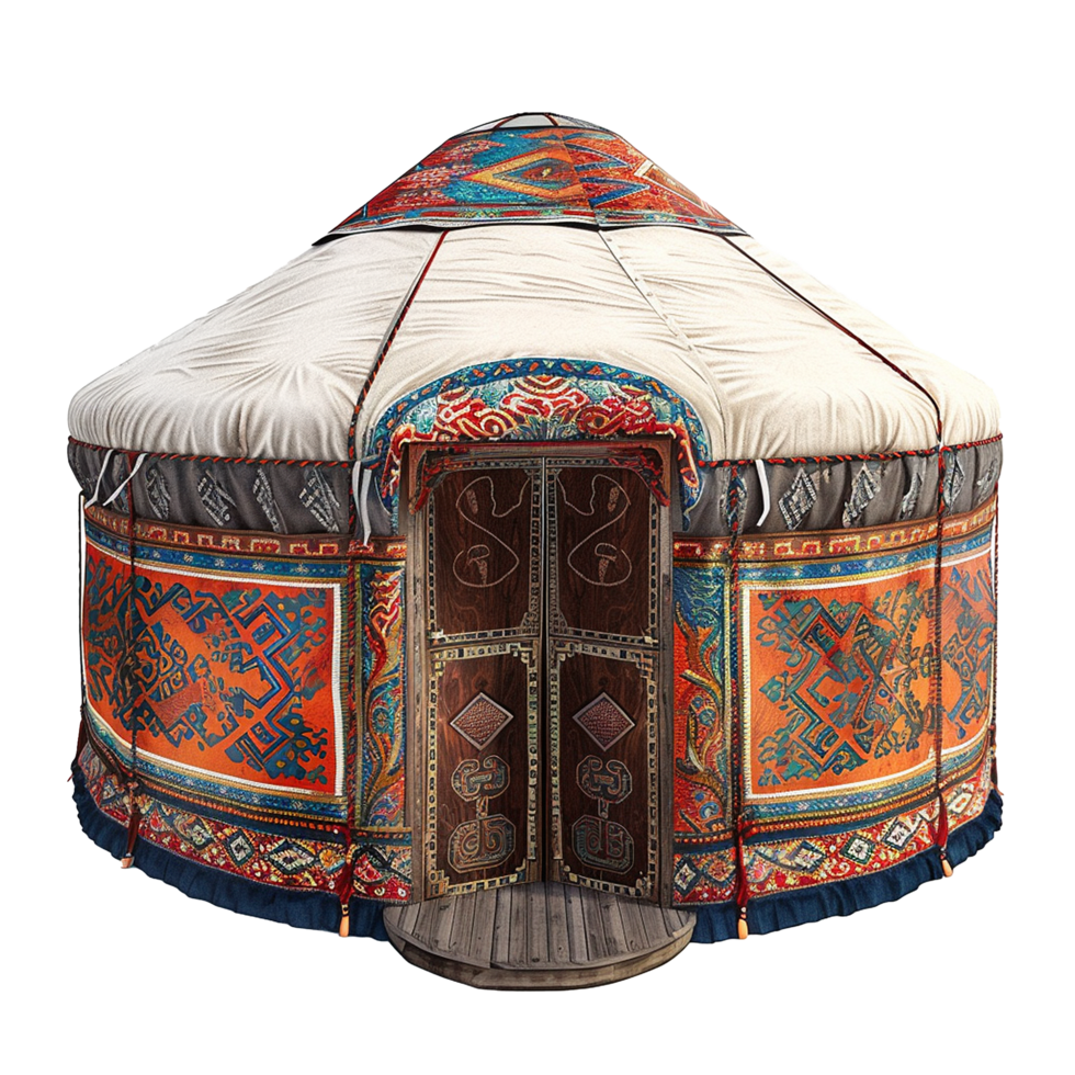 Ornate Traditional Mongolian Yurt with Intricate Design and Wooden Door png