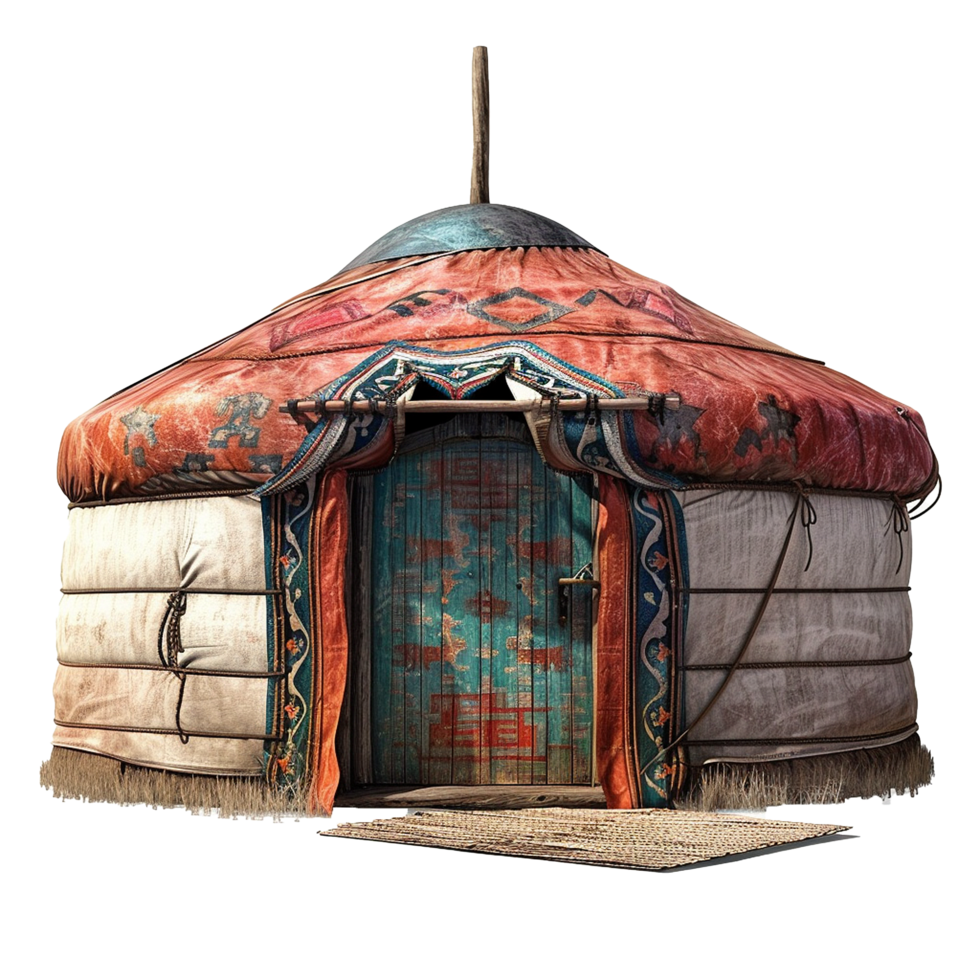 Authentic Nomadic Yurt Tent with Ornate Door and Detailed Exterior png