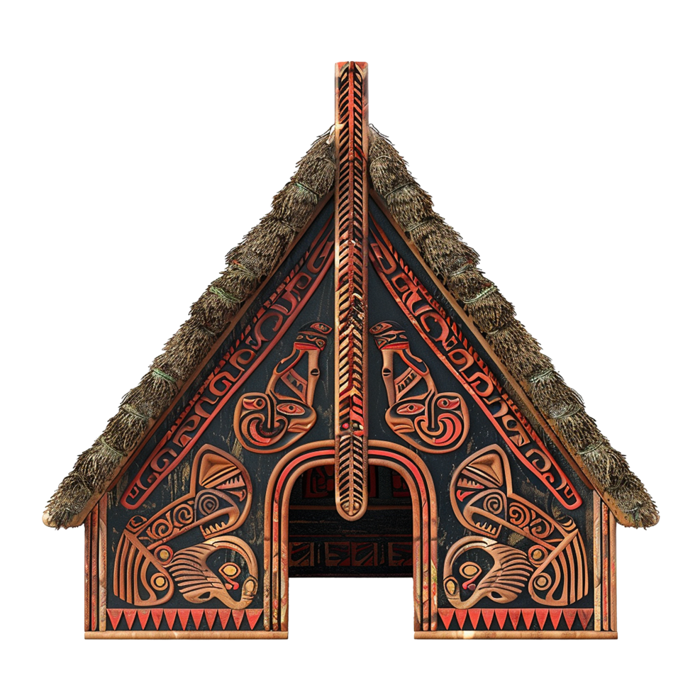 Ornate Polynesian Tribal Hut Model with Intricate Carvings and Thatched Roof png