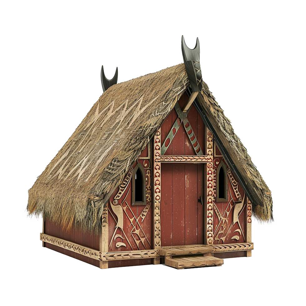 Detailed 3D Render of a Traditional Polynesian Thatched House with Intricate Carvings png