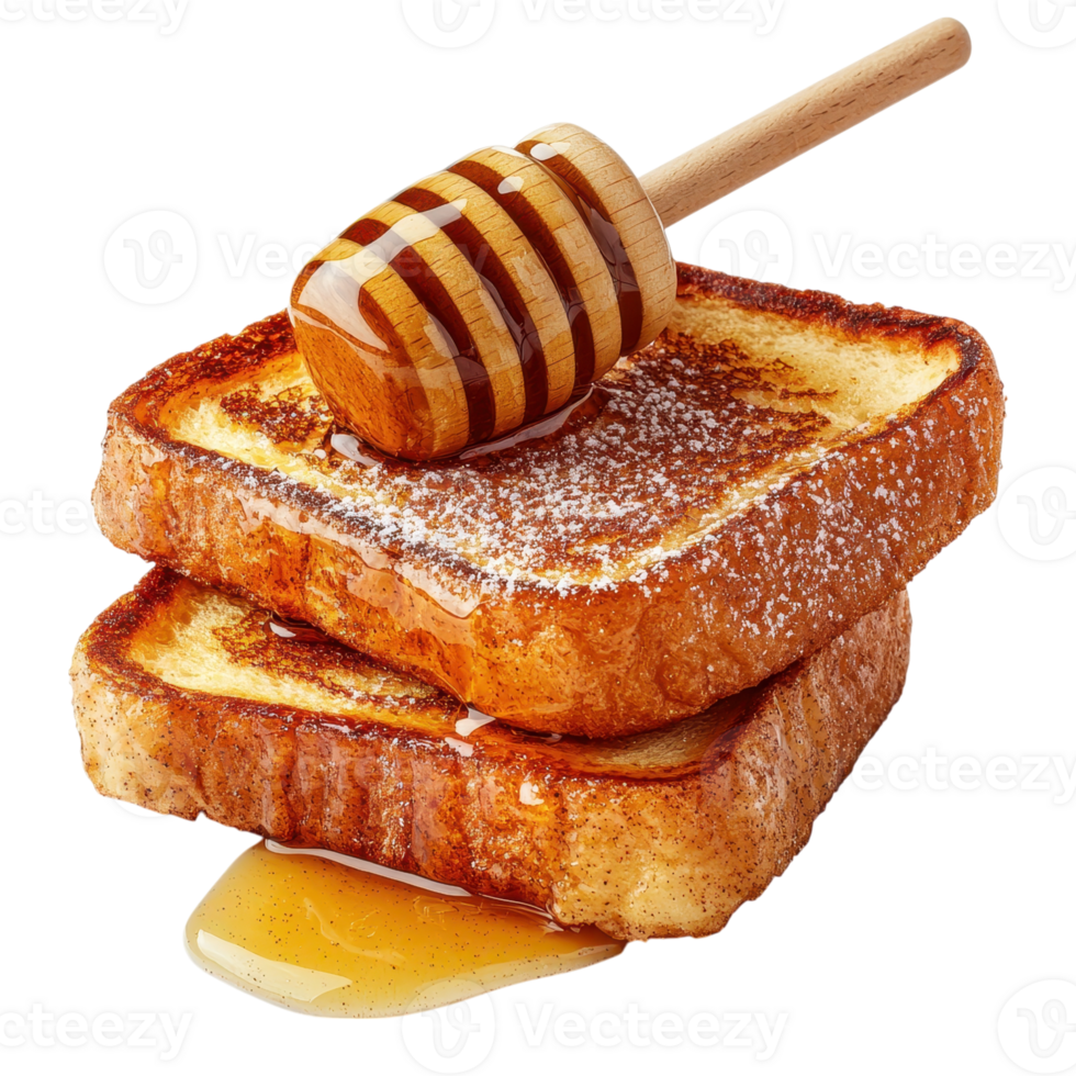 Stack of french toast with honey and powdered sugar on a transparent background. Delicious breakfast concept. png