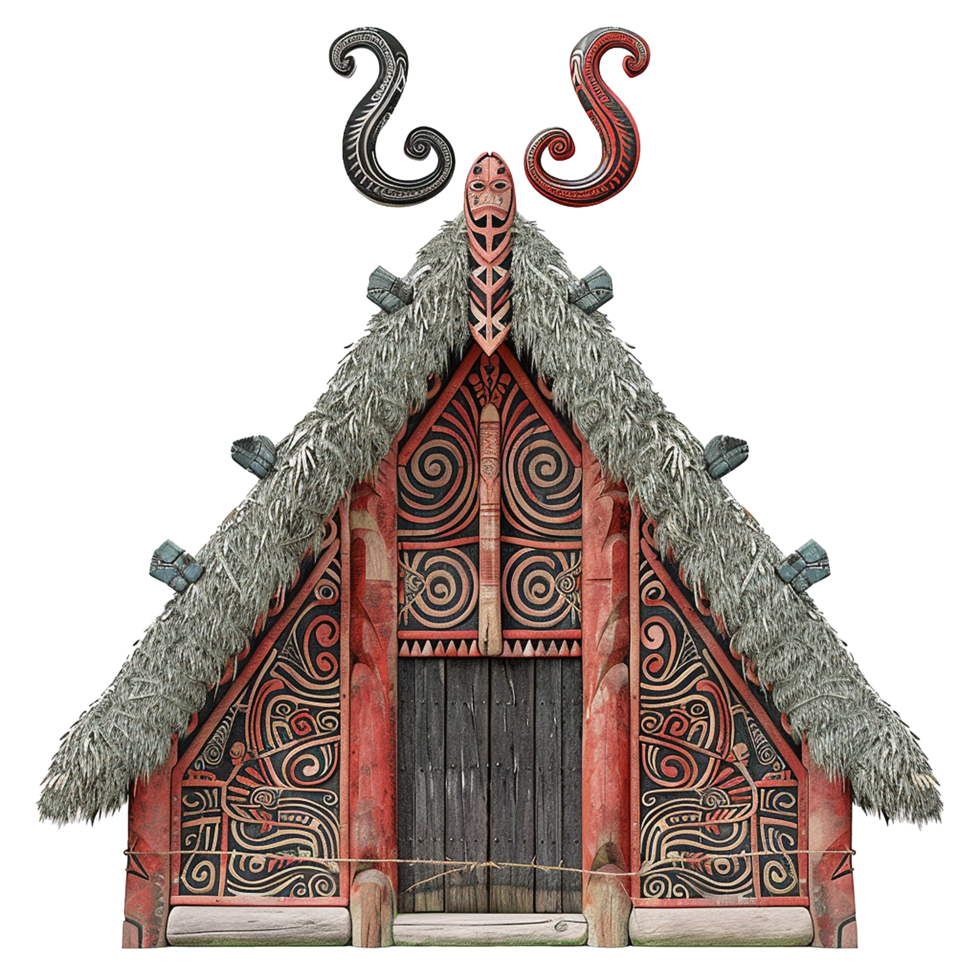 Intricate Maori Meeting House Facade with Carved Wood and Thatch Roof png