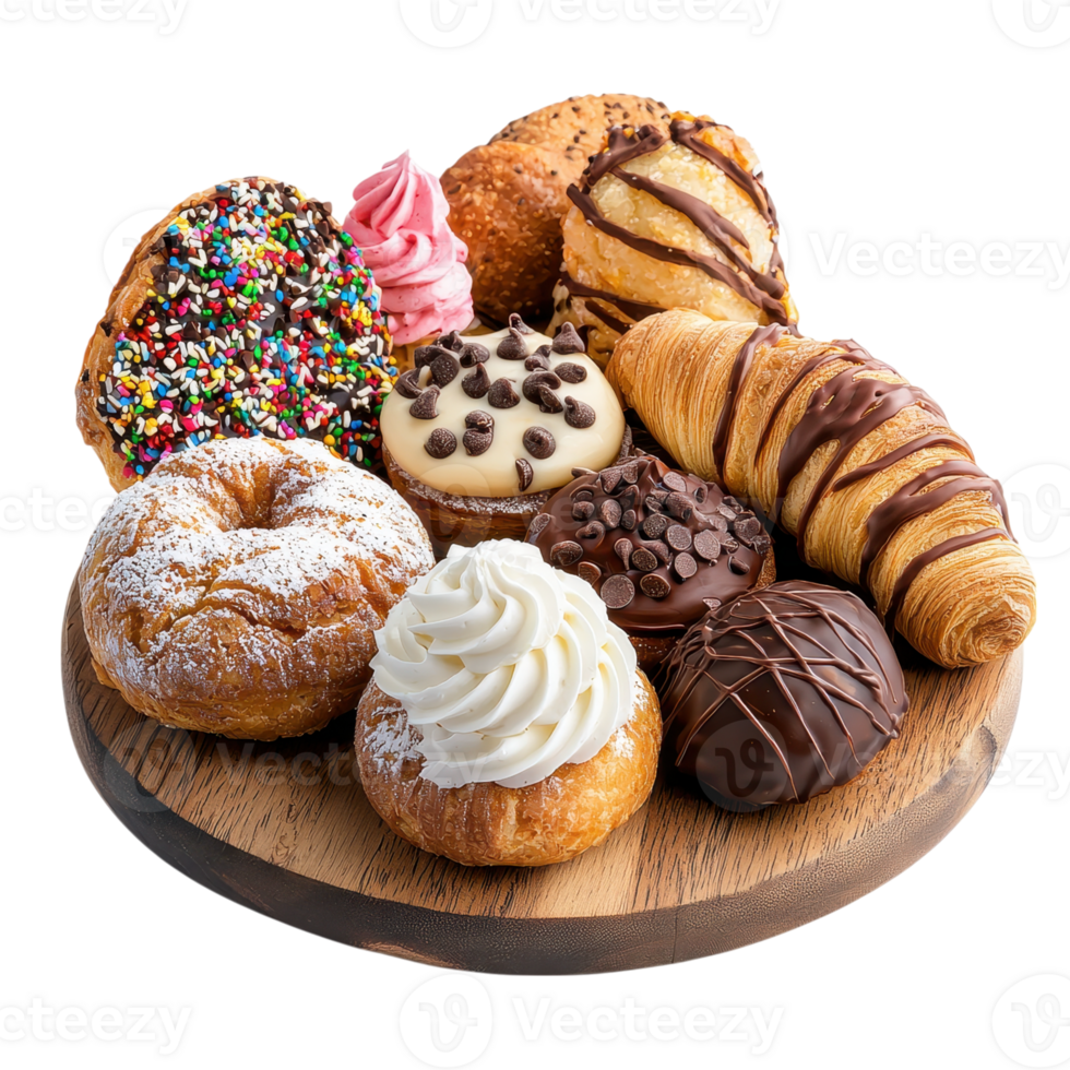 Assortment of pastries on a wooden board against a transparent background. Includes donuts, croissants, and cream filled pastries. Concept of bakery, sweets, and indulgence. png