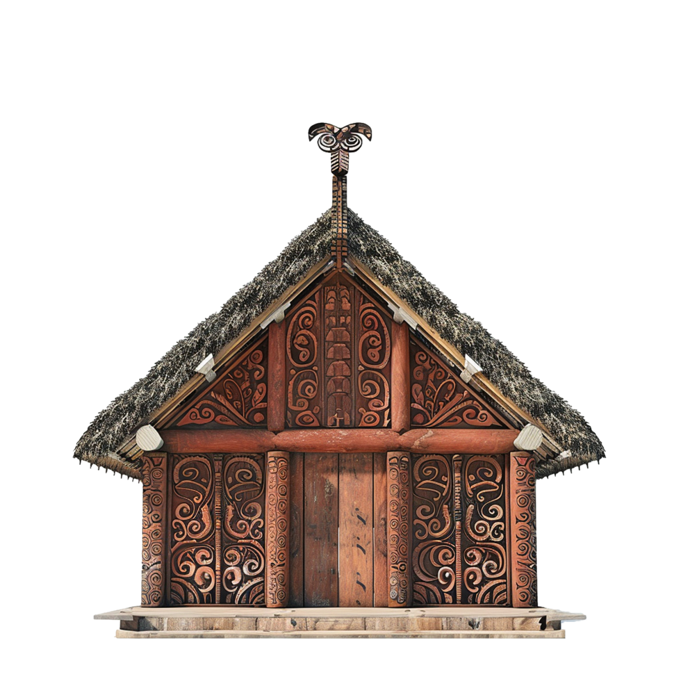 Intricate Carved Wooden House with Thatched Roof Traditional Polynesian Architecture png