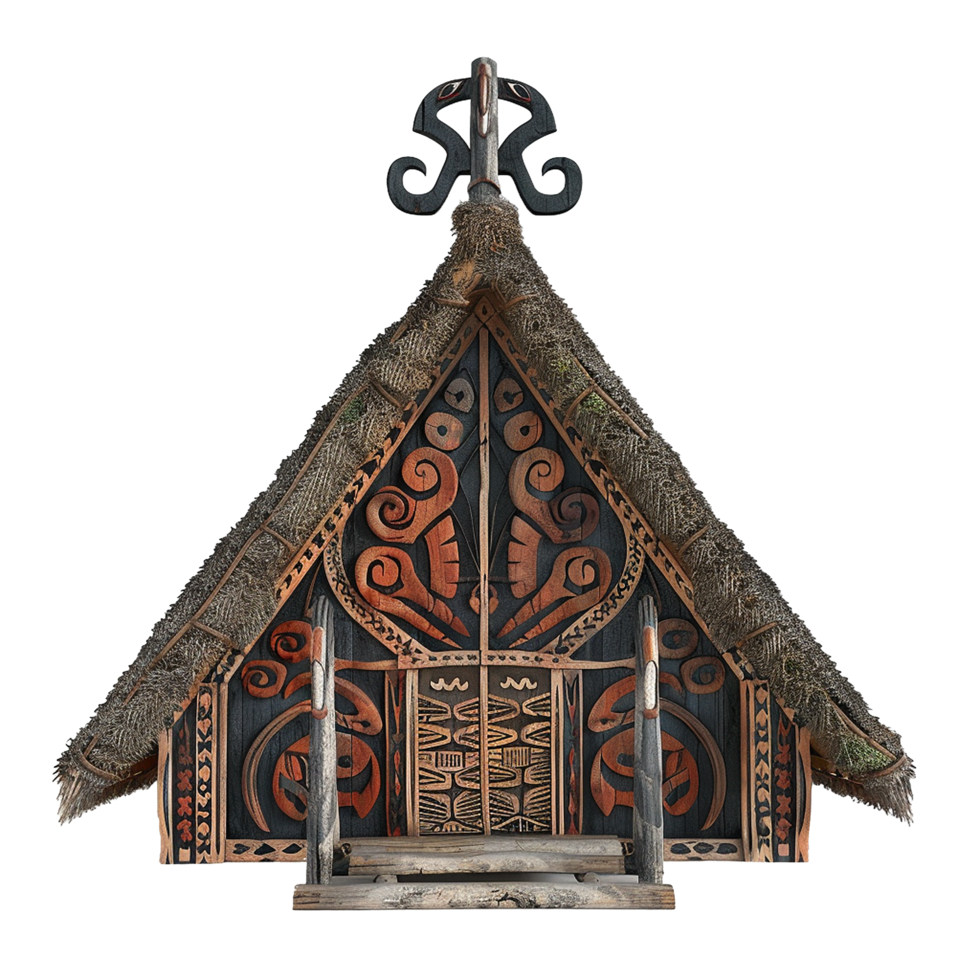 Intricate Carved Wooden House Model with Thatched Roof and Unique Tribal Designs png