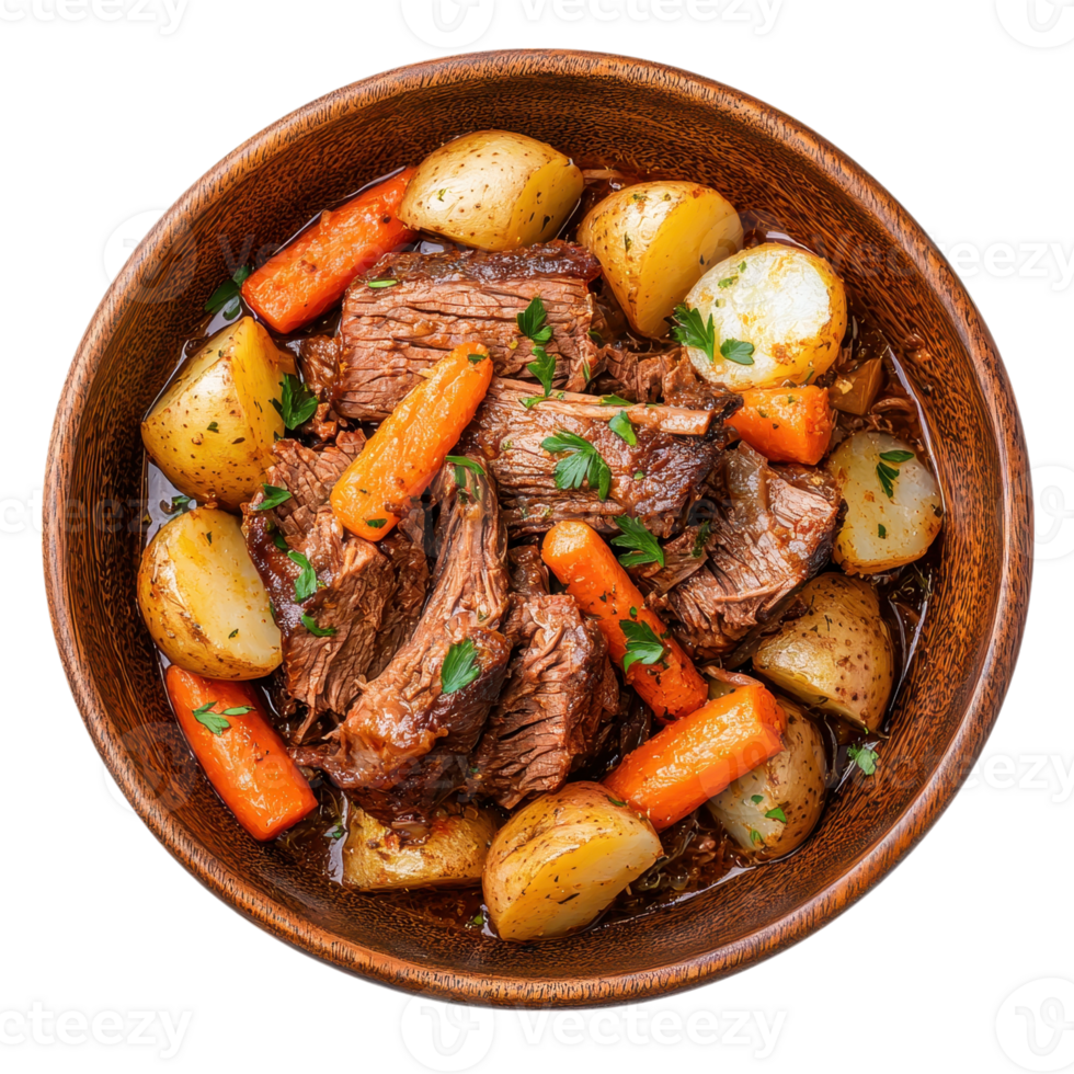 Overhead shot of pot roast with carrots and potatoes in a wooden bowl. Comfort food concept. png