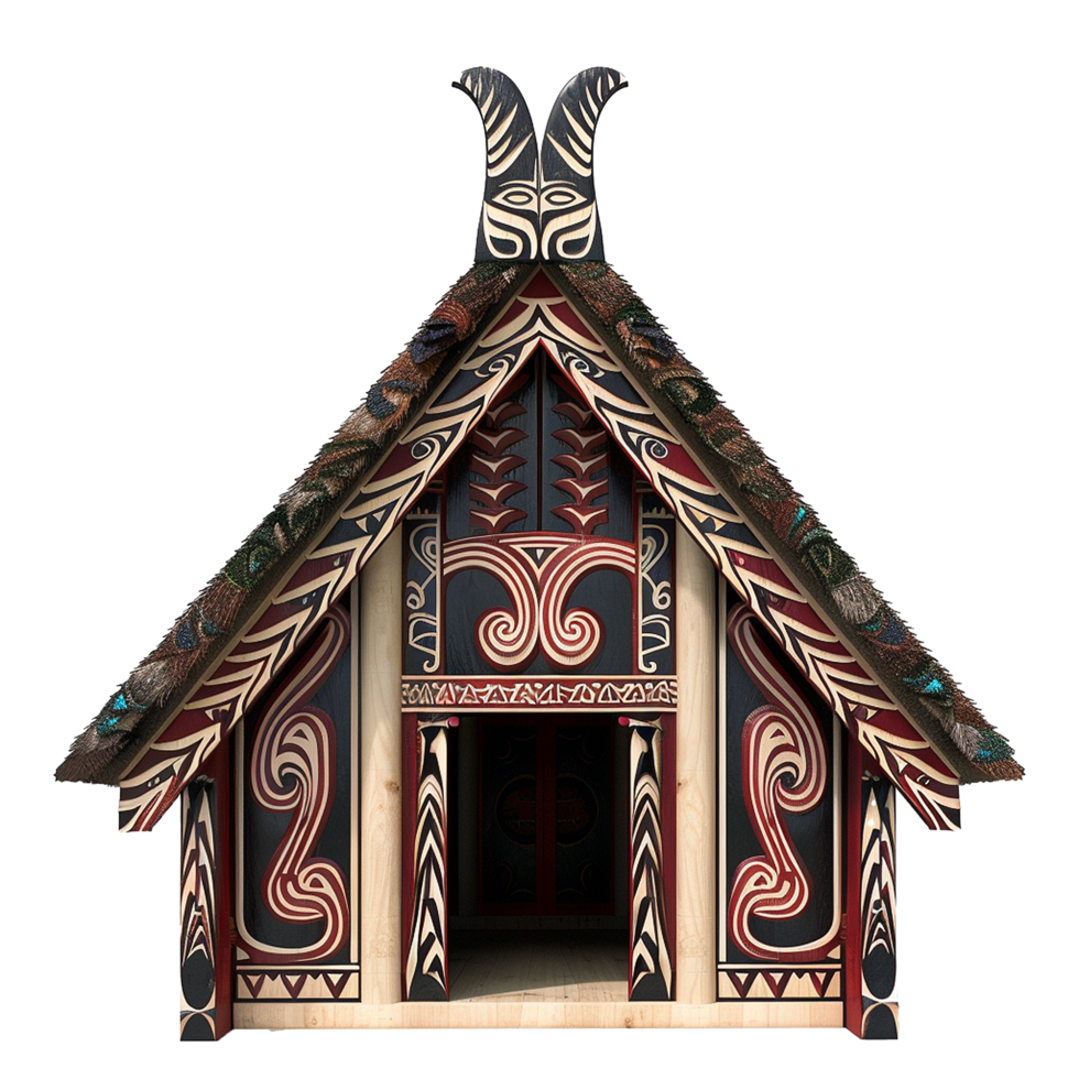 Intricate MaoriStyle House Model with Detailed Carvings and Feathers png