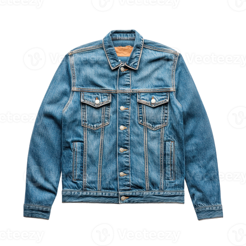 Classic blue denim jacket on a transparent background. Fashionable outerwear for casual style. png