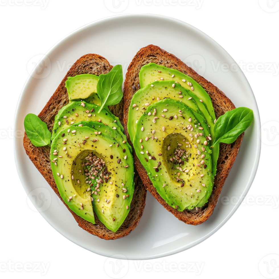 Avocado toast with sesame seeds and basil on a white plate. Healthy breakfast or snack concept. png