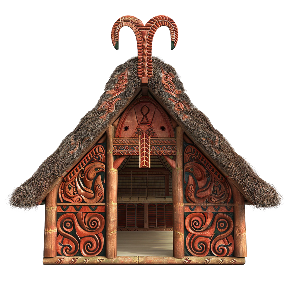Intricate Maori Meeting House Model with Detailed Carvings and Thatch Roof png