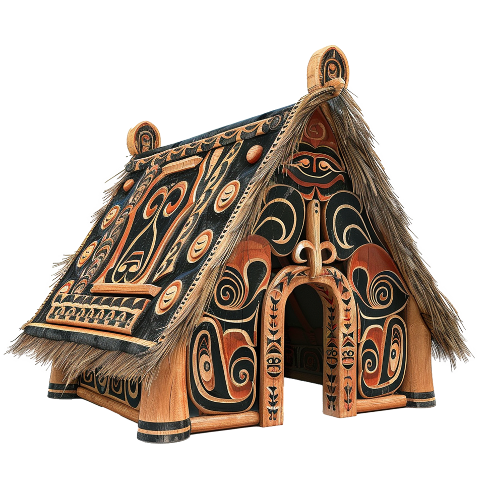 Intricate Carved Wooden House Model with Thatched Roof and Native American Designs png