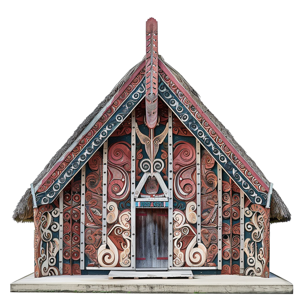 Intricate Maori Meeting House Facade with Detailed Carvings and Thatched Roof png