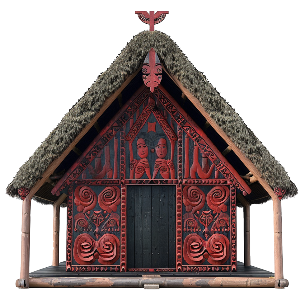 Intricate Maori Meeting House with Red and Black Carvings and Thatched Roof png