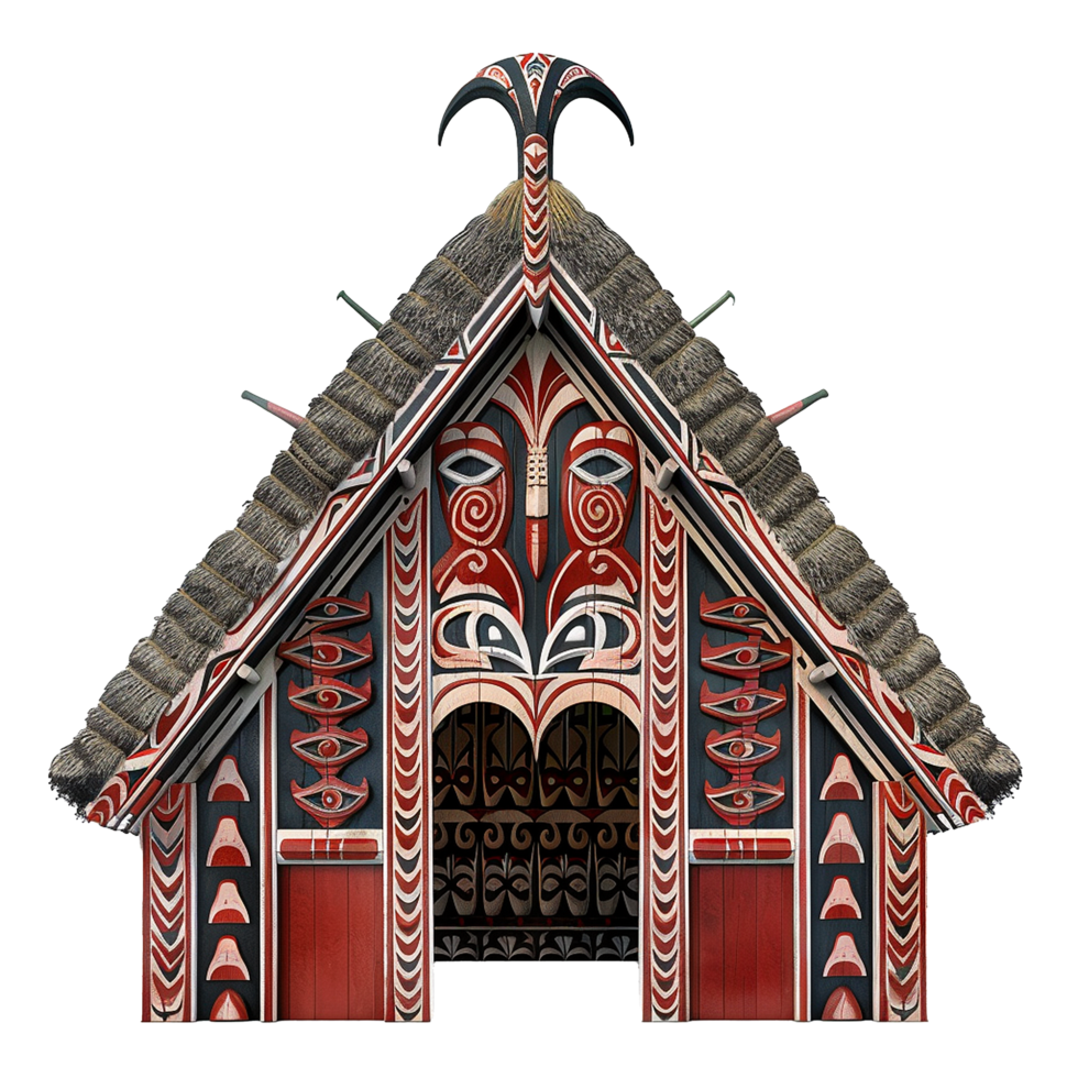 Intricate Maori House Front Gable with Carved Wooden Masks and Thatched Roof png