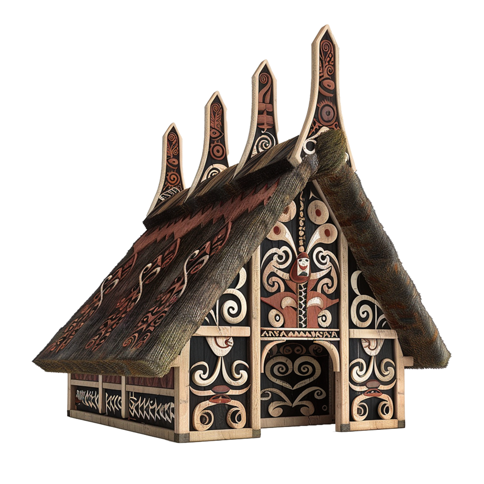 Intricate Carved Wooden House Model with Thatched Roof and Traditional Polynesian Designs png