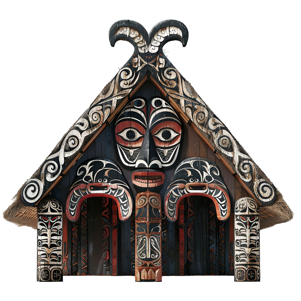 Intricate Maori House Front with Carved Wooden Masks and Pillars png