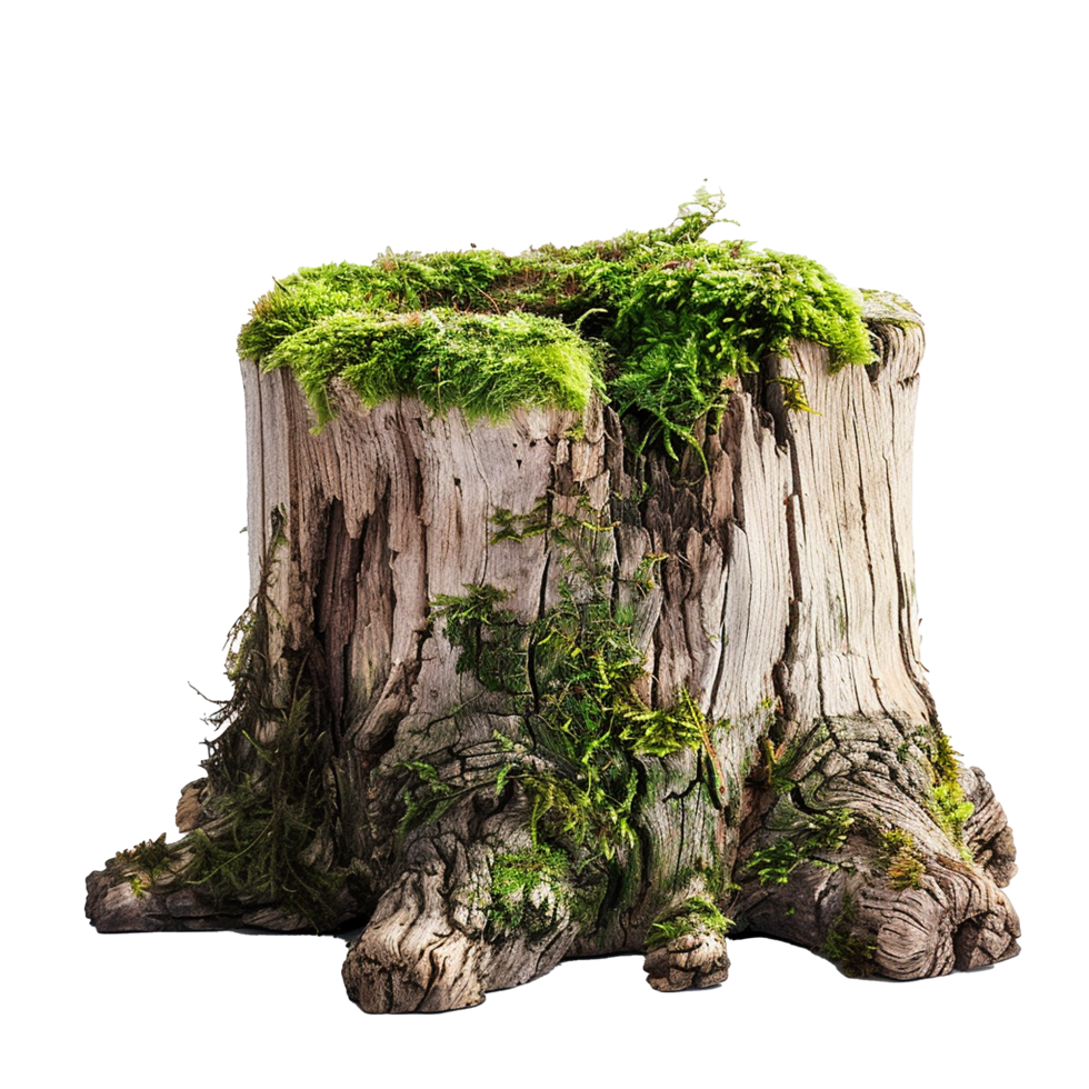 A weathered tree stump covered in vibrant green moss and ferns png