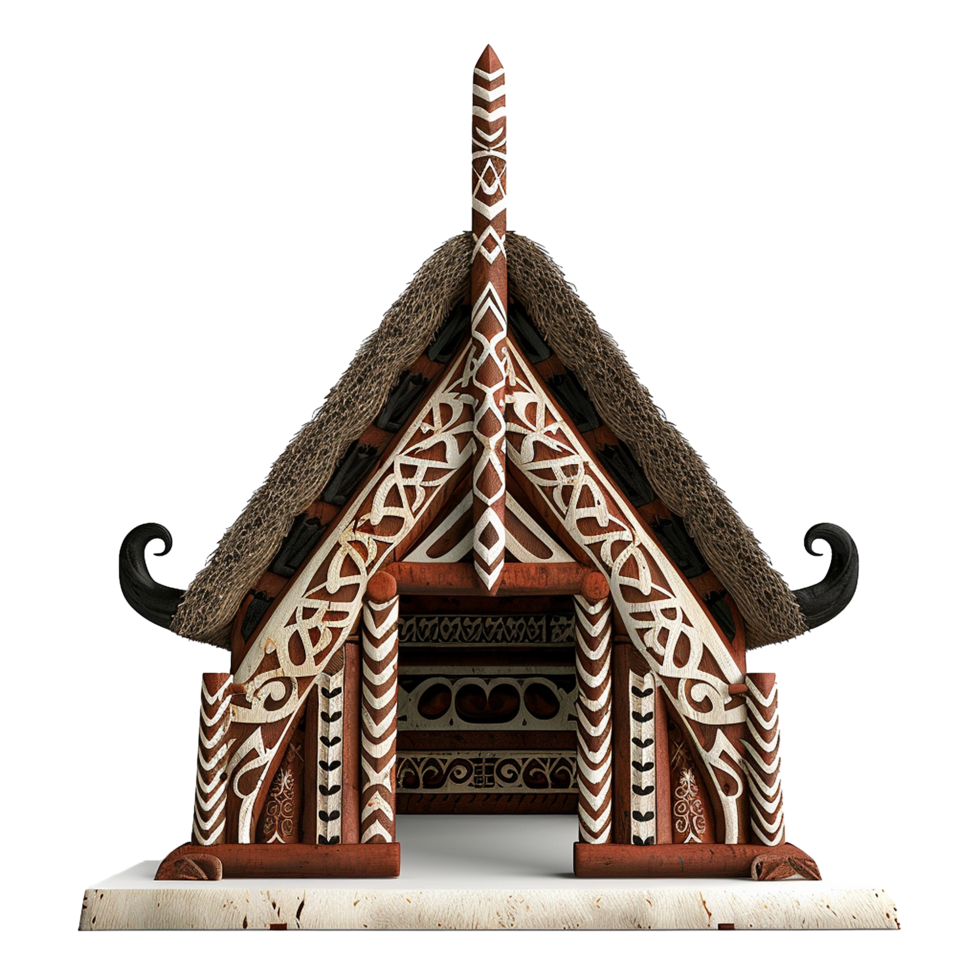 A meticulously crafted model of a traditional Maori meeting house showcasing intricate carvings and thatch roofing png