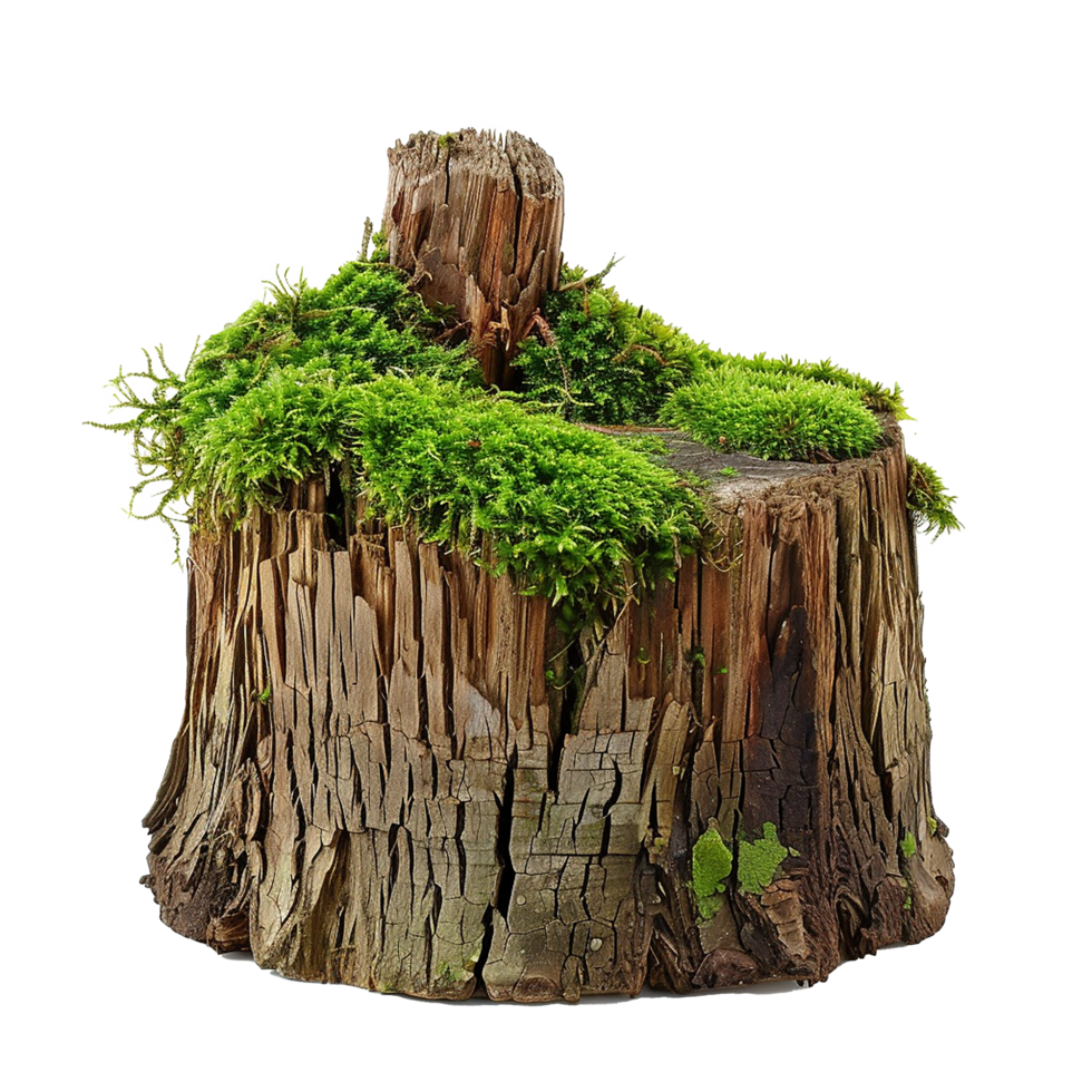 A weathered tree stump covered in vibrant green moss, showcasing the beauty of nature's decomposition and resilience png