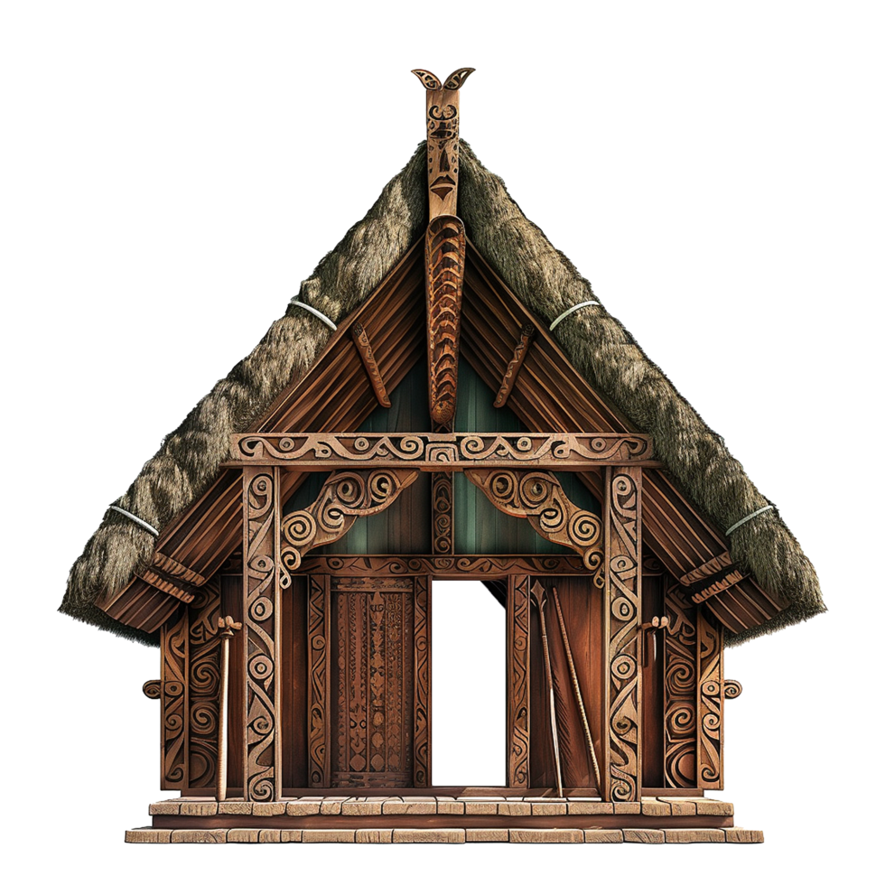 Intricate MaoriStyle Wooden House Entrance with Thatched Roof and Carved Details png