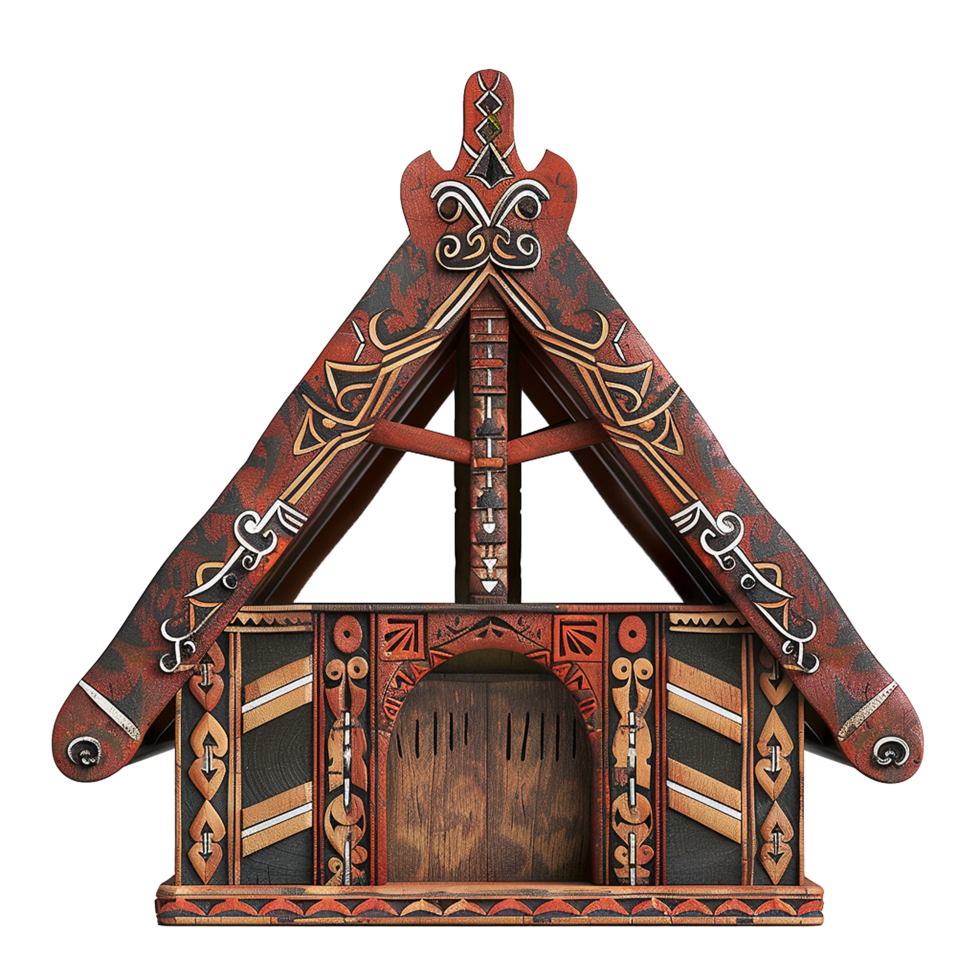Intricately Carved Maori Style Wooden House Model with Red and Black Geometric Patterns png